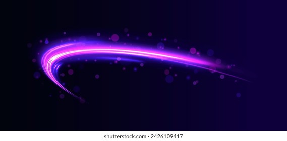 Vector dark blue abstract background with ultraviolet neon glow, blurry light lines, waves. High speed effect motion blur night lights blue and red. Magic shining neon light line trails.	
