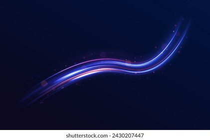 Vector dark blue abstract background with ultraviolet neon glow, blurry light lines, waves. High speed effect motion blur night lights blue and red. Magic shining neon light line trails.	