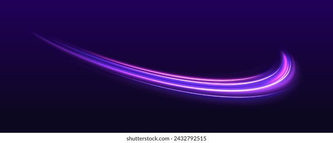 Vector de fondo abstracto azul oscuro con brillo de neón ultravioleta, líneas de luz borrosa, ondas. Efecto de alta velocidad desenfoque de movimiento luces nocturnas azul y rojo. Senderos de línea de luz de neón brillantes mágicos.	
