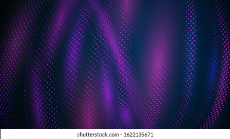 Vector. Dark blue abstract geometric background. Color dynamic waves with glow effect. Soft red-violet colors. Modern poster for web sites and printing.