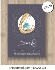 vector dark blue advertising  poster of hairdressing salon service. sketched  isolated illustrated girl with blond long hair and scissors element.