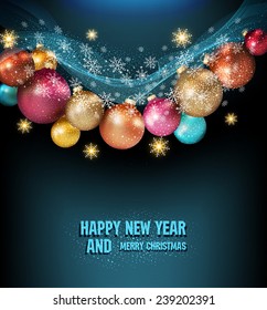 vector dark blue background with a magic Christmas balls and snowflakes