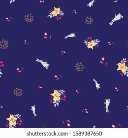 Vector dark blue background rabbits bouquets flower garden seamless pattern illustration for birthday, fabric, party, event, decoration, gift wrap, scrapbook project, print, wallpaper, textile design