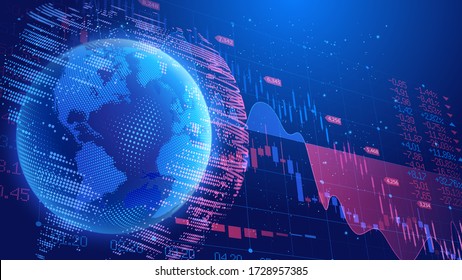 Vector. Fondo azul oscuro. Crisis económica mundial. Precios de los productos petroleros. Planeta Tierra sobre el trasfondo de un marcador con indicadores de índices comerciales en las bolsas de valores. Efecto semitónico.