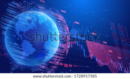 Vector. Dark blue background. World economic crisis. Oil product prices. Planet Earth on the background of a scoreboard with indicators of trade indices on the stock exchanges. Halftone effect.