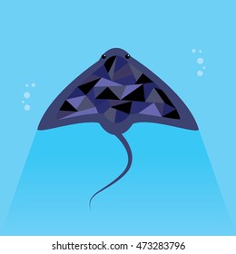 Vector dark blue and black stingray icon with bubbles, long shadow and mosaic strained glass elements over blue background, isolated, illustration