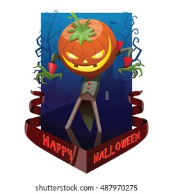 Vector dark blue card "Happy Halloween" with bare trees, a cemetery, a red banner and with cartoon image of Jack O' Lantern with pumpkin instead of a head frightening someone on a white background.