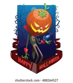 Vector dark blue card "Happy Halloween" with bare trees, a cemetery, a red banner and with cartoon image of Jack O' Lantern with pumpkin instead of a head with a candy in hand on a white background.