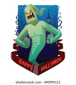 Vector dark blue card "Happy Halloween" with bare trees, a cemetery, a red banner and with cartoon image of funny light green ghost with red eyes flying and grinning on a white background. Halloween. 