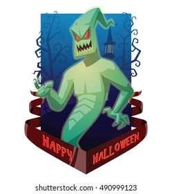Vector dark blue card "Happy Halloween" with bare trees, a cemetery, a red banner and with cartoon image of funny light green ghost with red eyes beckoning someone by a finger on a white background. 