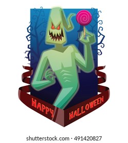 Vector dark blue card "Happy Halloween" with bare trees, a cemetery, a red banner and with cartoon image of funny light green ghost with red eyes with a pink lollipop in his hand on a white background