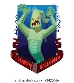 Vector dark blue card "Happy Halloween" with bare trees, a cemetery, a red banner and with cartoon image of funny light green ghost with red eyes frightening someone on a white background. Halloween.
