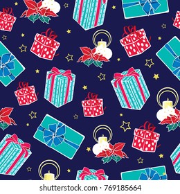 Vector dark blue Christmas gifts boxes and candles seamless repeat pattern background. Can be used for holiday giftwrap, fabric, wallpaper, stationery, packaging.