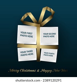 Vector dark blue christmas present Christmas card with family photo placeholder - customizable editable family christmas card layout template with gift box and place for four photos