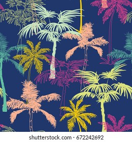 Vector Dark Blue Colorful Geometric Palm Trees Repeat Seamless Pattern Background. Can Be Used For Fabric, Wallpaper, Stationery, Packaging.