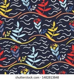 Vector dark blue colourful aquatic plants seamless pattern background. Perfect for scrapbooking, textiles, for fabric, kitchen projects.
