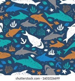 Vector dark blue colourful cute shark pen sketch repeat pattern. Perfect for fabric, scrapbooking and wallpaper projects.