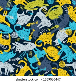 Vector dark blue colourful mystery cat pen sketch seamless pattern chaotic arrangement. Perfect for fabric, scrapbooking and wallpaper projects.