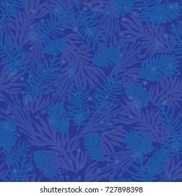 Vector dark blue frost pine branches seamless pattern background. Great for winter holiday fabric, packaging, giftwrap projects.