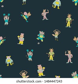 Vector dark blue fun anthropomorph cartoon characters seamless pattern background