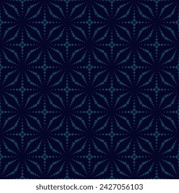 Vector dark blue geometric seamless pattern. Stylish texture with halftone dots, organic shapes, floral silhouettes, grid. Subtle elegant minimal background. Repeated geo design for decor, textile
