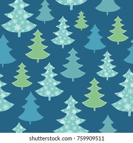 Vector dark blue, green scattered christmas trees winter holiday seamless pattern. Great for fabric, wallpaper, packaging, giftwrap.