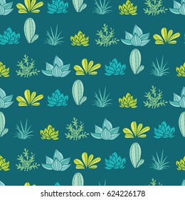 Vector Dark Blue Green Stripes Seamless Repeat Pattern With Growing Succulents and Cacti In Pots. Trendy tropical design for textile, fabric, packaging, backdrops, wallpaper.