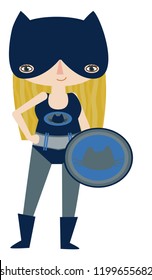Vector dark blue and grey masked super heroine graphic editable illustration with cat super powers. Use for scrapbooking, crafting, quilting