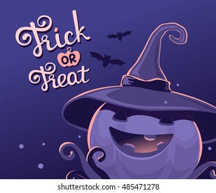 Vector dark blue halloween illustration of decorative pumpkin in witch hat with eyes, smile, teeth, bats and text trick or treat. Flat style design for halloween greeting card, poster, web, banner