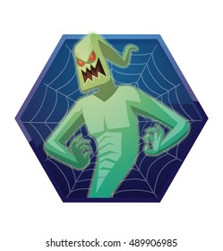 Vector dark blue hexagonal frame with spider web and with cartoon image of funny light green ghost with red eyes flying and grinning on a white background. Halloween. Spirit, fear, terror. 