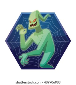 Vector dark blue hexagonal frame with spider web and with cartoon image of funny light green ghost with red eyes flying and waving his hand on a white background. Halloween. Spirit, fear, terror. 