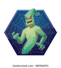 Vector dark blue hexagonal frame with spider web and with cartoon image of funny light green ghost with red eyes beckoning someone by a finger on a white background. Halloween. Spirit, fear, terror. 