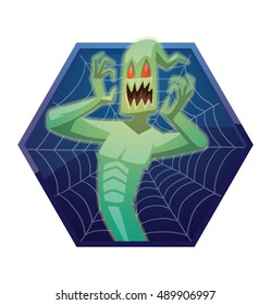 Vector dark blue hexagonal frame with spider web and with cartoon image of funny light green ghost with red eyes frightened flying on a white background. Halloween. Spirit, fear, terror. 