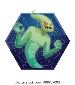 Vector dark blue hexagonal frame with spider web and with cartoon image of funny light green ghost with red eyes flying on a white background. Halloween. Spirit, fear, terror. Vector illustration.