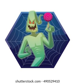 Vector dark blue hexagonal frame with spider web and with cartoon image of funny light green ghost with red eyes with a pink lollipop in his hand on a white background. Halloween. Spirit, fear, terror