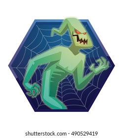 Vector dark blue hexagonal frame with spider web and with cartoon image of funny light green ghost with red eyes flying and laughing on a white background. Halloween. Spirit, fear, terror. 