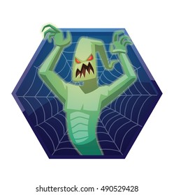 Vector dark blue hexagonal frame with spider web and with cartoon image of funny light green ghost with red eyes flying and frightening someone on a white background. Halloween. Spirit, fear, terror. 