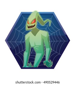 Vector dark blue hexagonal frame with spider web and with cartoon image of funny light green ghost with red eyes hovering in the air  and smiling on a white background. Halloween. Spirit, fear, terror