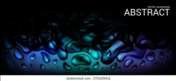 Vector. Dark blue horizontal abstract banner. The effect of dynamically flowing fluid. Paint splashes, bubbles and 3D water drops. Modern trendy liquid poster. Neon glow.