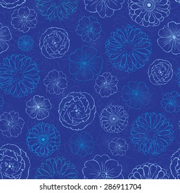 Vector Dark Blue Night Flowers Seamless Pattern