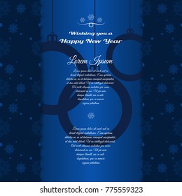 Vector dark blue poster to Happy New Year with silhouette of Christmas balls, text and side pockets with snowflake pattent with shadow.