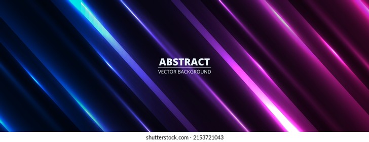 Vector dark blue and purple abstract modern wide banner with light purple and blue shiny diagonal lines glowing abstract horizontal design background. Vector illustration