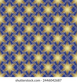 Vector dark blue seamless geometric vintage pattern with golden gradient stars and grid.	
