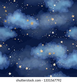 Vector dark blue seamless pattern with gold foil constellations, stars and clouds. Watercolor night sky background