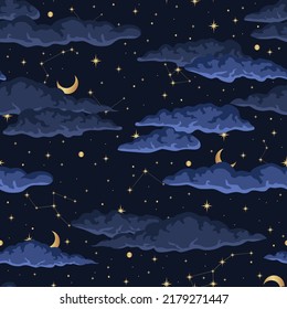 Vector Dark Blue Seamless Pattern With Gold Foil Constellations, Stars And Clouds. Dark Illustration.