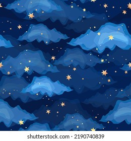 Vector dark blue seamless pattern with gold foil constellations, stars and clouds. night sky watercolor background
