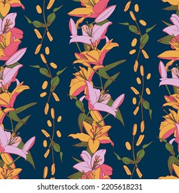 Vector dark blue seamless pattern striped with colorful lilies. Perfect for fabric, wallpaper, wrapping paper, projects.