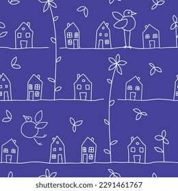 Vector dark blue seamless pattern: Arrival. Alice blue little houses, flowers and birds sitting aligned upon tiny line streets in front of an indigo background. Part of My New Blue Home collection.