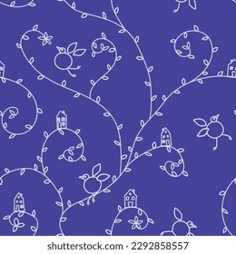 Vector dark blue seamless pattern: Blueprint Dreams. Slightly blurred white vines with funny birds and tiny houses among them spiraling over an indigo background. Part of My New Blue Home collection.