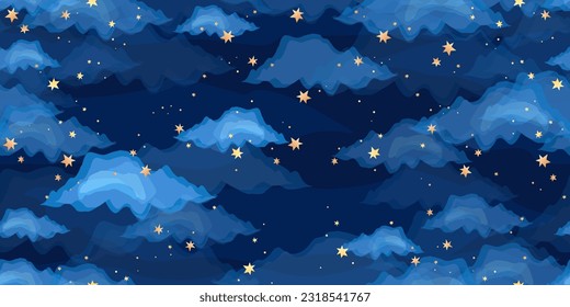 Vector dark blue seamless pattern with constellations, stars and gold foil clouds. Magical and spectacle sky watercolor background. Banner with the concept of sleep and dreams.